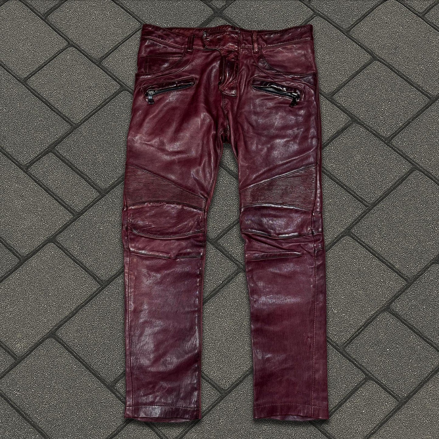 FW13 Balmain Oxblood Leather Biker Pants