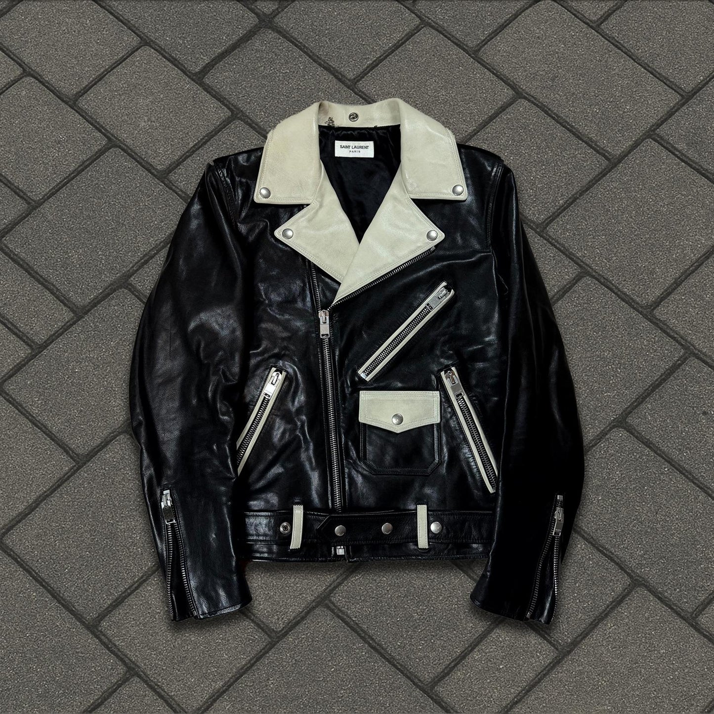 FW14 Saint Laurent Beige Leather Moto Jacket