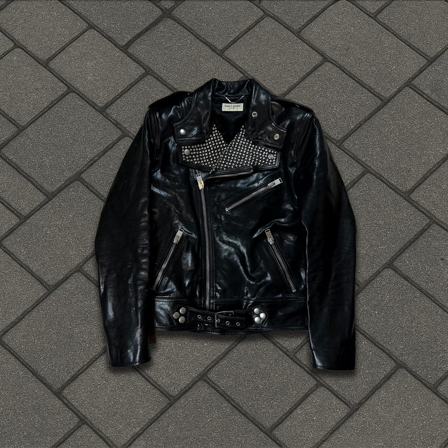 FW14 Saint Laurent Paris Black Studded Leather Jacket