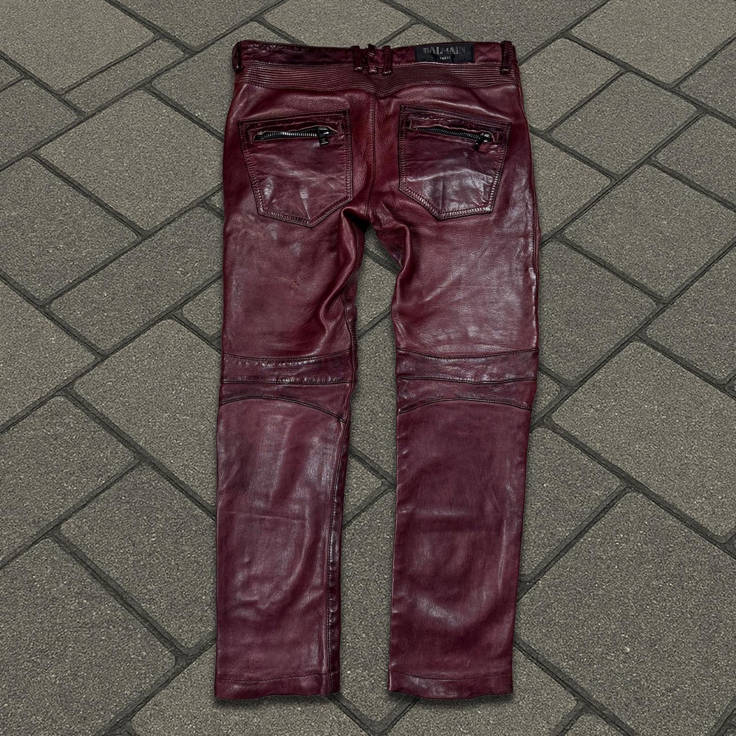 FW13 Balmain Oxblood Leather Biker Pants