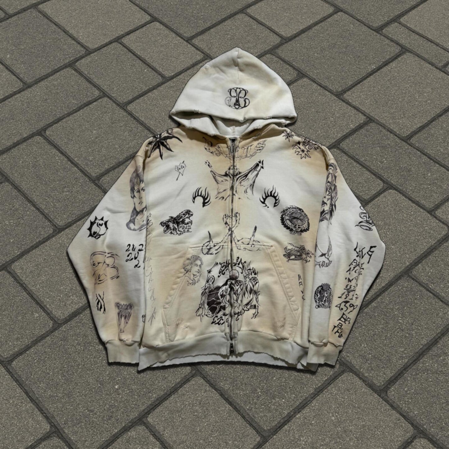 SS24 Balenciaga White Tattoo Zip Up Hoodie