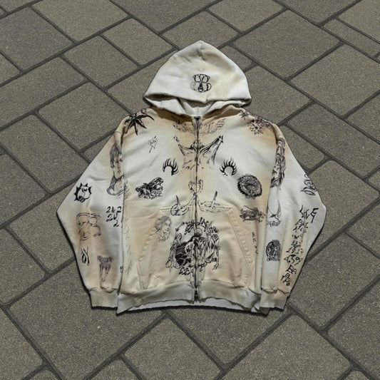 SS24 Balenciaga White Tattoo Zip Up Hoodie