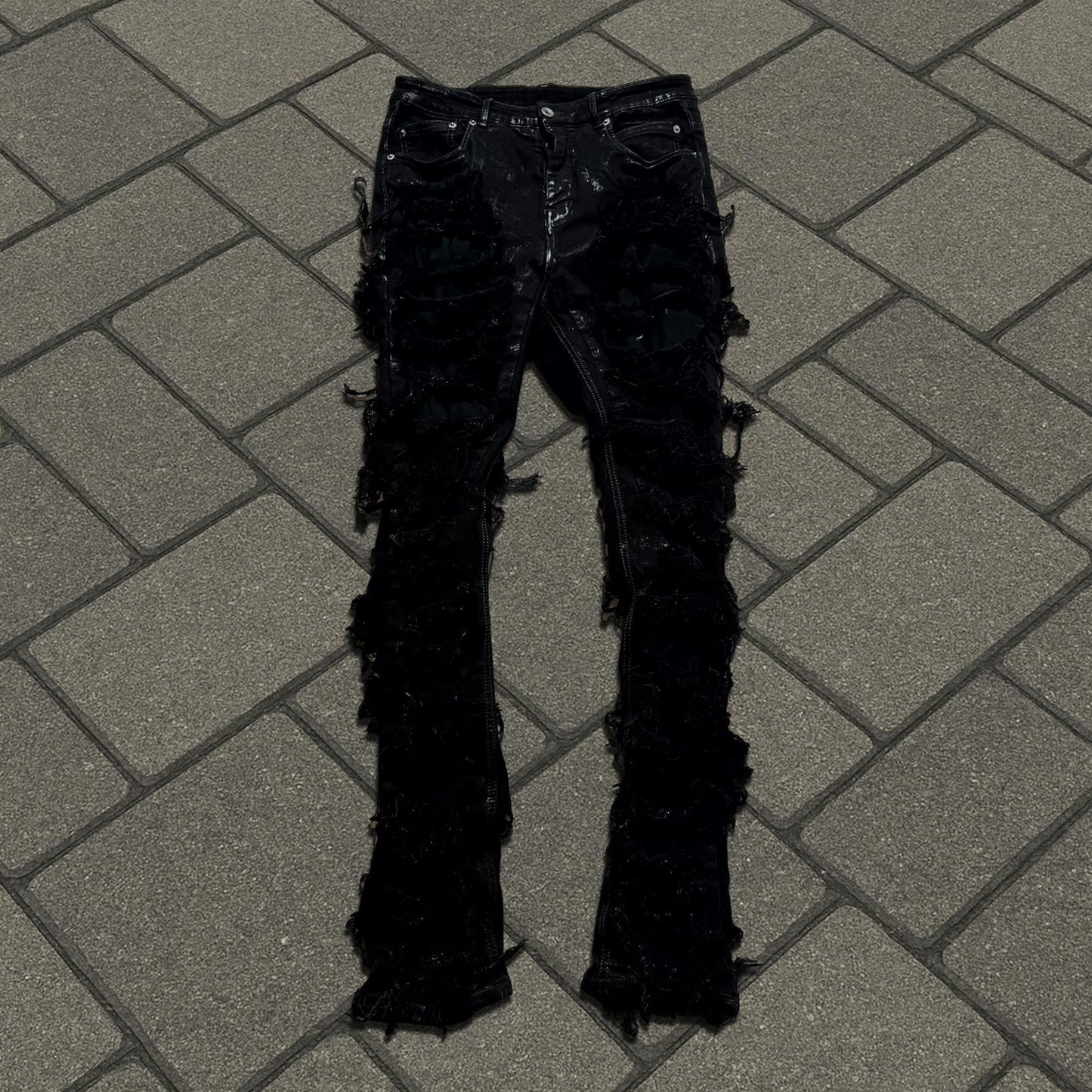 FW22 Rick Owens Waxed Slashed Detroit Cut Denim